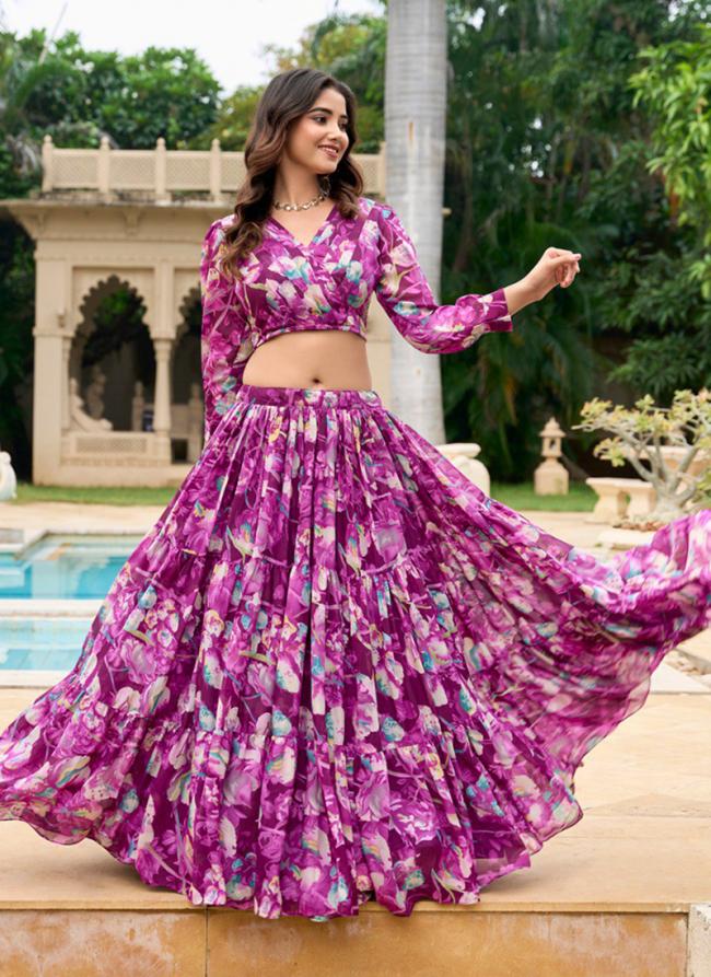 Georgette Wine Traditional Wear Printed Ready To Wear Lehenga Choli